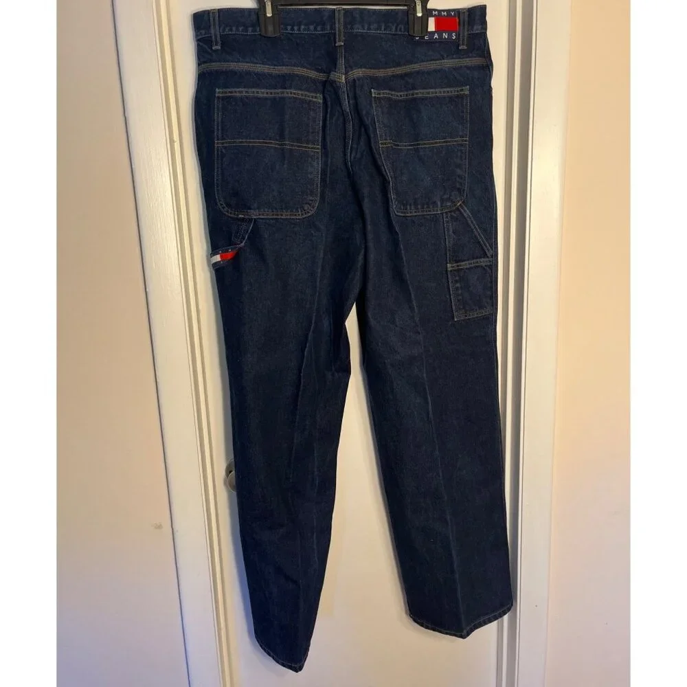 Y2K Tommy Hilfiger Mens Dark Denim Carpenter Jeans 38 Tool Pockets Relaxed 2000